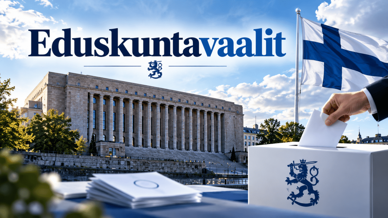Eduskuntatalo, Suomen lippu ja vaaliuurna eduskuntavaalien 2027 aikaan