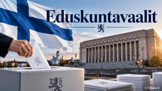 Äänestäjä pudottaa äänestyslipun vaaliuurnaan eduskuntatalon edessä