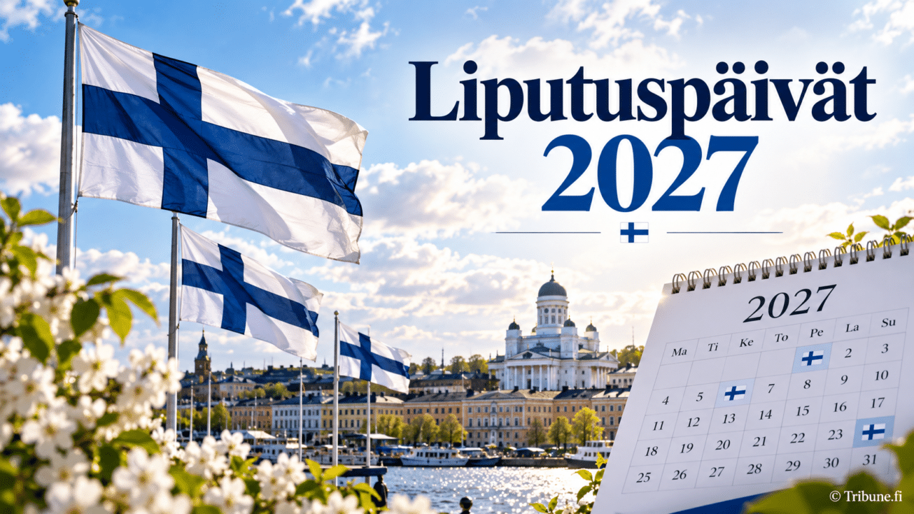 Suomen liput salossa Helsingin tuomiokirkon edessä ja kalenteri vuodelle 2027