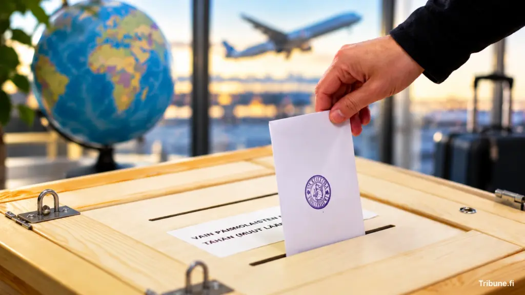 Henkilö pudottaa äänestyskuoren puiseen vaaliuurnaan ulkomailla. Taustalla näkyvät maapallo, lentokone ja matkalaukku, jotka havainnollistavat Suomen vaaleissa äänestämistä ulkomailta.