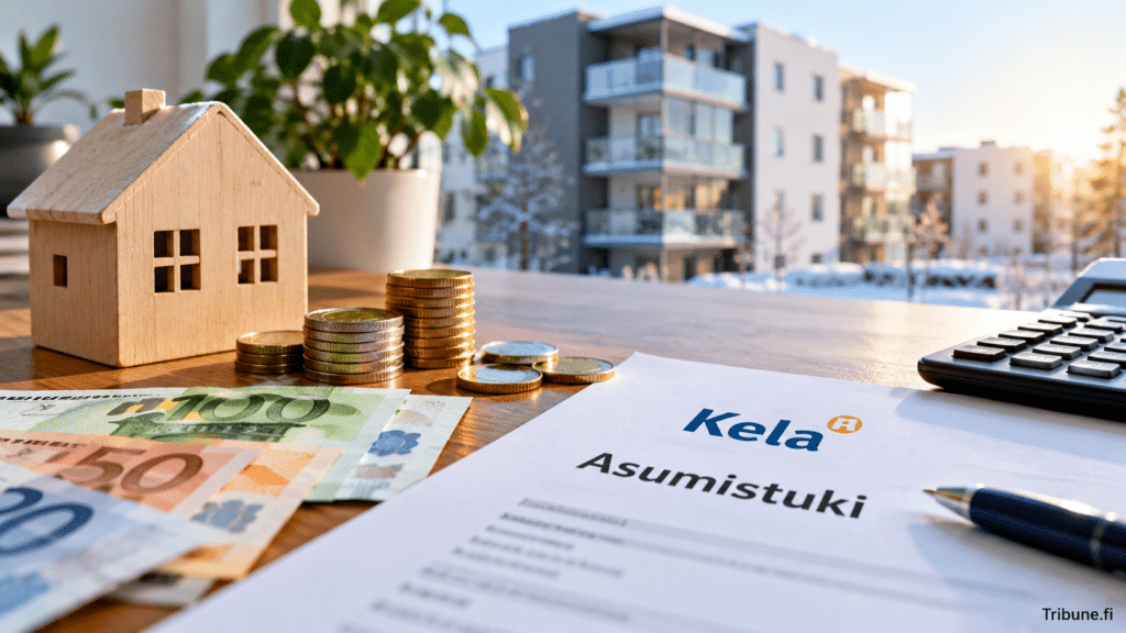 Kelan asumistukea havainnollistava kuva, jossa näkyvät asumistukihakemus, eurosetelit, kolikot, laskin ja pieni puinen talo. Taustalla suomalaisia kerrostaloja talvisessa maisemassa.