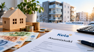 Kelan asumistukea havainnollistava kuva, jossa näkyvät asumistukihakemus, eurosetelit, kolikot, laskin ja pieni puinen talo. Taustalla suomalaisia kerrostaloja talvisessa maisemassa.