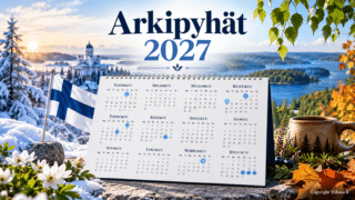 Arkipyhät 2027 -pöytäkalenteri, jossa juhlapyhät on merkitty sinisellä, taustalla Suomen lippu, luminen talvimaisema ja Helsingin tuomiokirkko