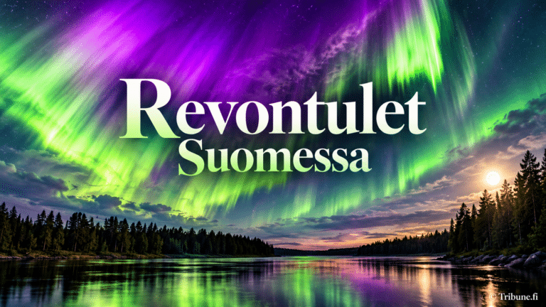Revontulet Suomessa: vihreät ja violetit revontulet loistavat järven ja havumetsän yllä, ja taivaan valot heijastuvat tyyneen veteen