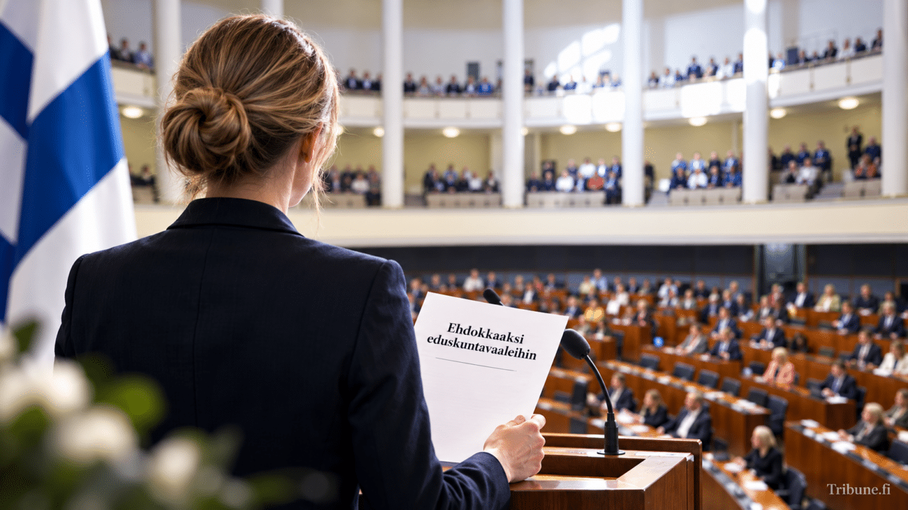 Ehdokkaaksi eduskuntavaaleihin: nainen seisoo puhujakorokkeella paperi kädessään täysistuntosalia muistuttavassa salissa, vieressä Suomen lippu