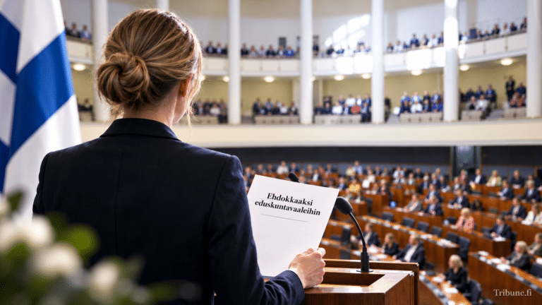 Ehdokkaaksi eduskuntavaaleihin: nainen seisoo puhujakorokkeella paperi kädessään täysistuntosalia muistuttavassa salissa, vieressä Suomen lippu