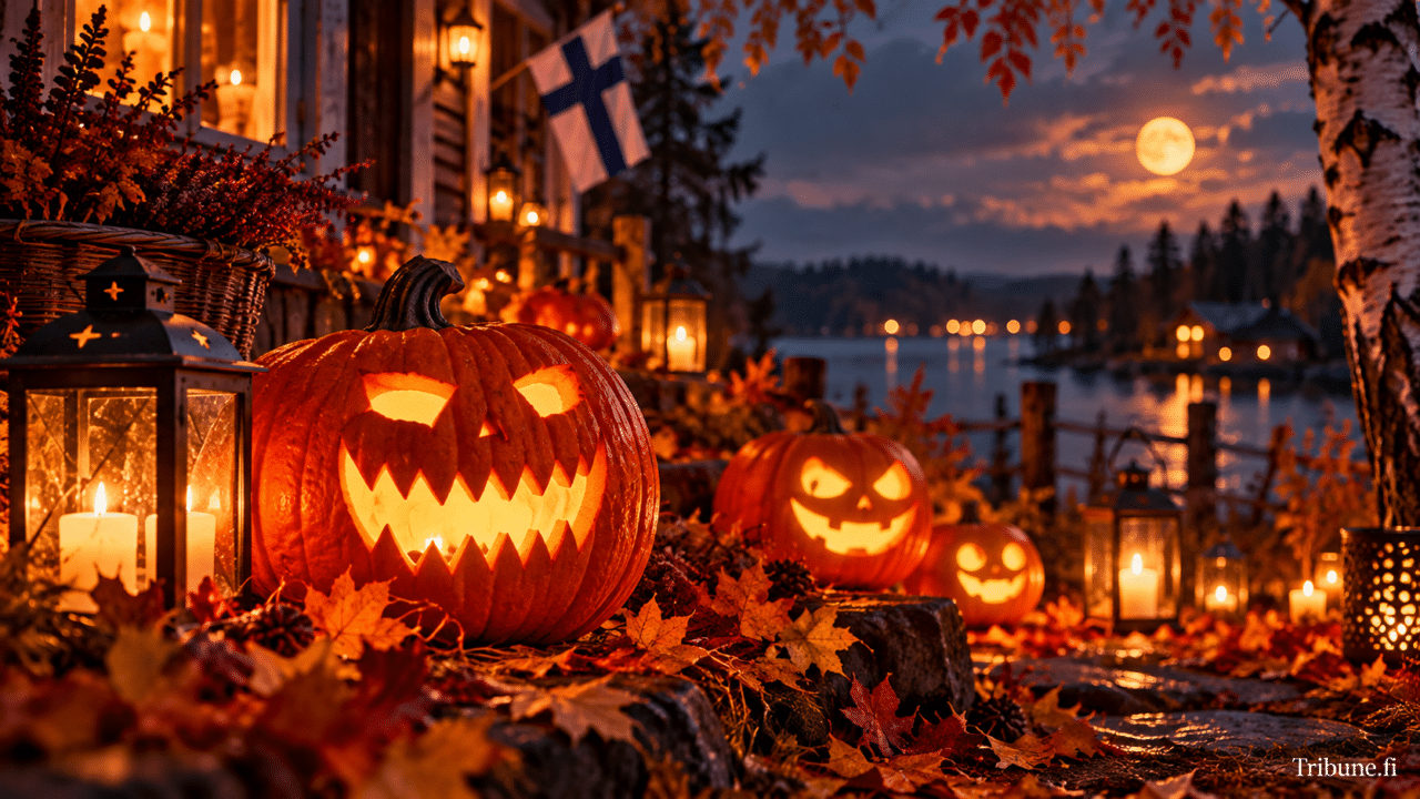 Halloween 2026 Suomessa: kaiverretut kurpitsalyhdyt ja kynttilälyhdyt syksyn lehtien keskellä talon edessä, taustalla Suomen lippu, järvi ja täysikuu
