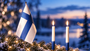 Suomen lippu ja kaksi sinivalkoista kynttilää talvisessa iltahämärässä itsenäisyyspäivän tunnelmassa.