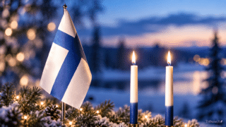 Suomen lippu ja kaksi sinivalkoista kynttilää talvisessa iltahämärässä itsenäisyyspäivän tunnelmassa.
