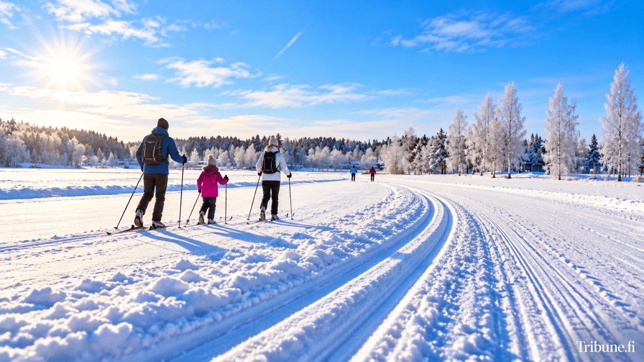 Perhe hiihtää aurinkoisessa talvimaisemassa Suomessa talviloman aikana.