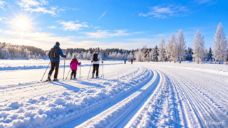 Perhe hiihtää aurinkoisessa talvimaisemassa Suomessa talviloman aikana.