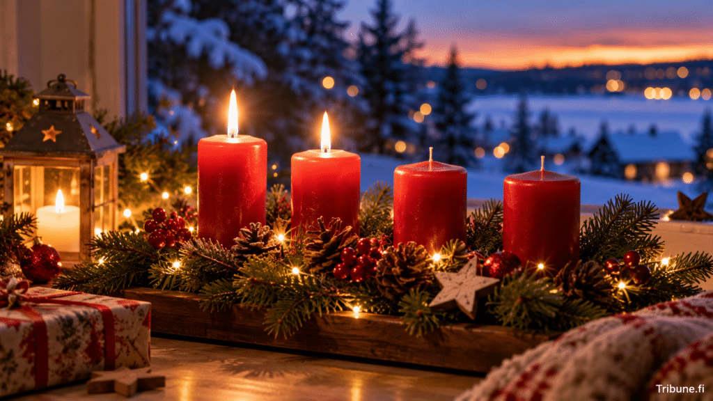 Neljä punaista adventtikynttilää havujen, käpyjen ja jouluvalojen keskellä ikkunan äärellä, taustalla luminen suomalainen talvimaisema.