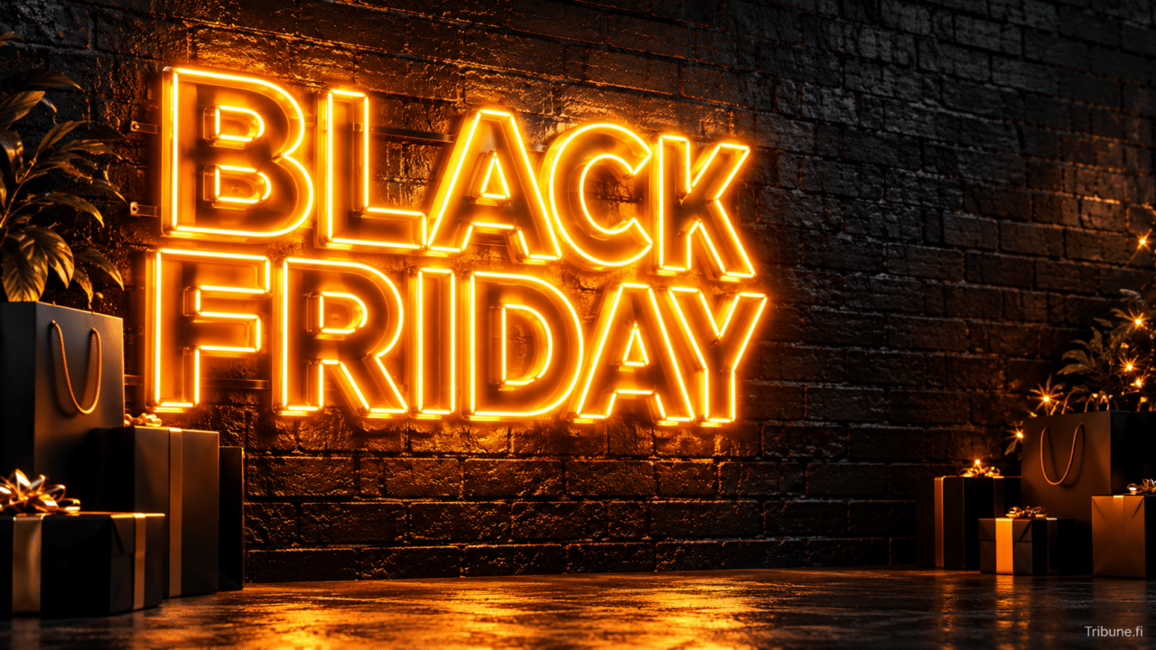 Mustalla tiiliseinällä hohtava Black Friday -valokyltti, ympärillä tummia lahjapaketteja ja ostoskasseja.