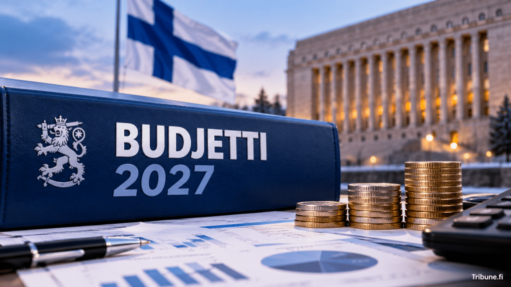 Suomen vuoden 2027 budjettia kuvaava sininen budjettikansio, Suomen lippu, kolikkopinot ja talousasiakirjat eduskuntatalon edustalla.