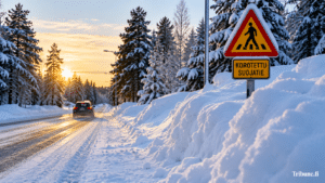 Lumi peittää tien ja metsän, kun auto ajaa läpi lumisen suomalaisen talvimaiseman.