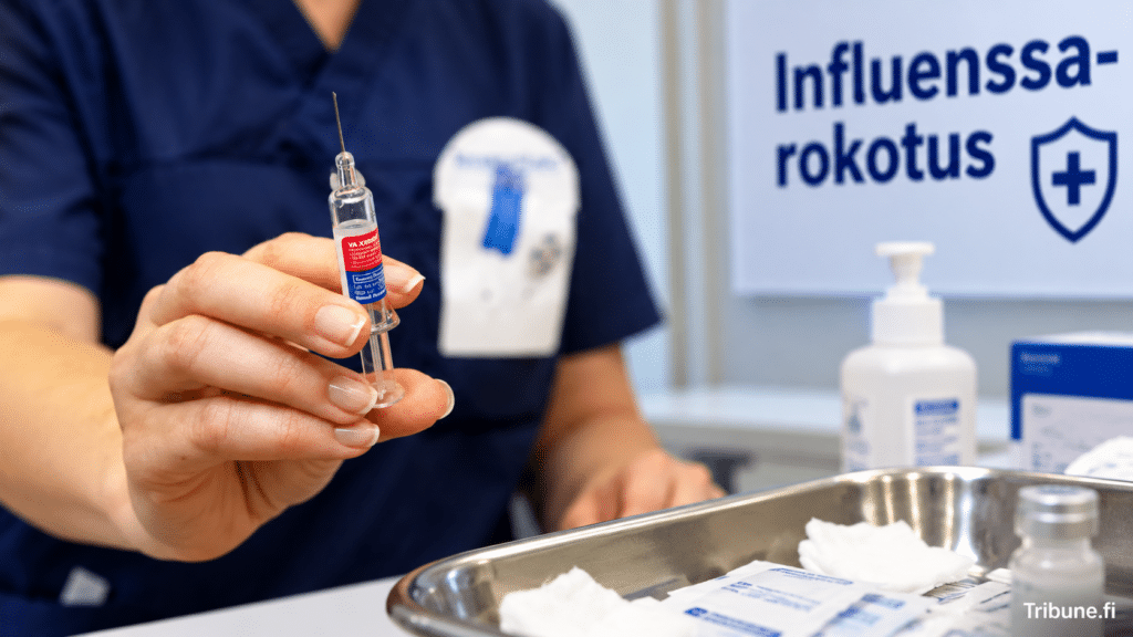 Terveydenhuollon ammattilainen valmistelee influenssarokotusta suomalaisella terveysasemalla. Kuvassa näkyvät rokotusruisku, hoitotarvikkeet ja influenssarokotuskyltti.