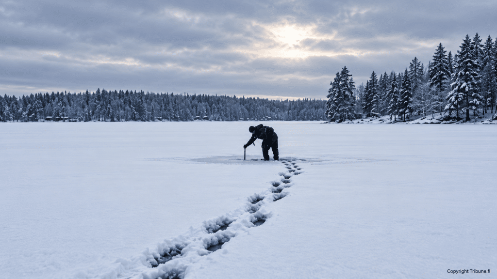 Henkilö mittaa jään paksuutta jääkairalla lumipeitteisellä järvellä Suomessa. Taustalla näkyvät lumiset metsät ja talvinen maisema.
