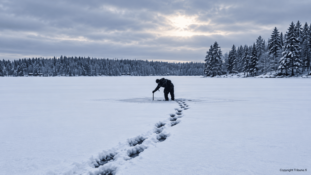Henkilö mittaa jään paksuutta jääkairalla lumipeitteisellä järvellä Suomessa. Taustalla näkyvät lumiset metsät ja talvinen maisema.