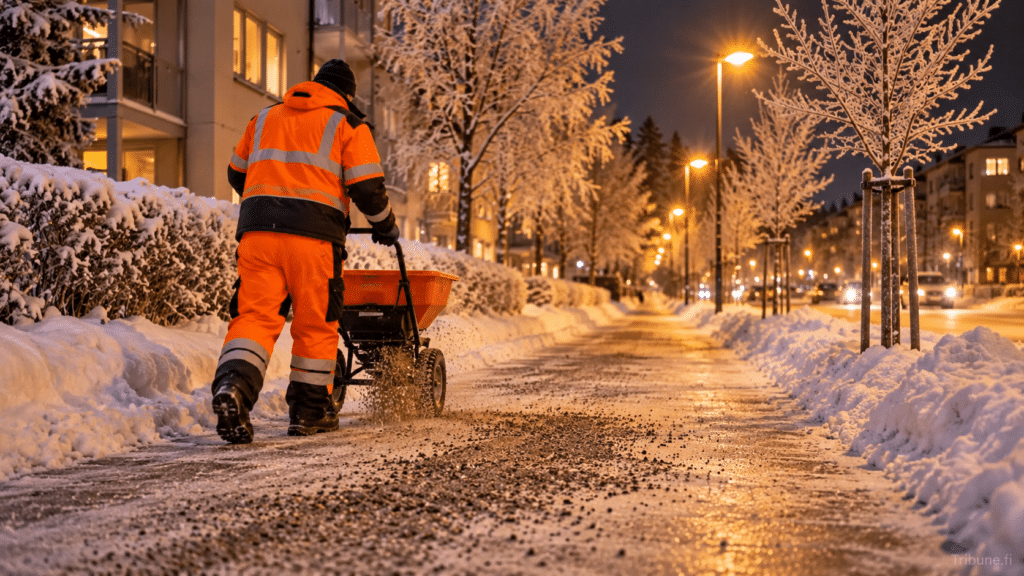 Yöllä hiekoitettava luminen jalkakäytävä talvisen kadun varrella, katulamppujen valaistessa jäistä ympäristöä.