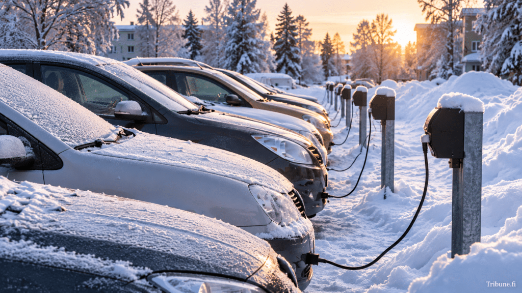 Lumipeitteisiä autoja suomalaisella pysäköintialueella talviaamuna. Autot on kytketty lohkolämmittimien sähköpistokkeisiin, ja taustalla näkyvät lumiset puut sekä auringonnousu.