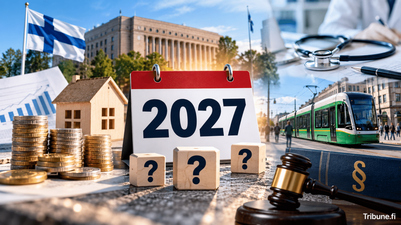 Vuosi 2027 tuo muutoksia Suomeen. Kuvassa näkyvät Suomen lippu, eduskuntatalo, eurokolikot, asuminen, terveydenhuolto, joukkoliikenne ja lainsäädäntöä symboloiva nuija.