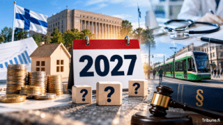 Vuosi 2027 tuo muutoksia Suomeen. Kuvassa näkyvät Suomen lippu, eduskuntatalo, eurokolikot, asuminen, terveydenhuolto, joukkoliikenne ja lainsäädäntöä symboloiva nuija.