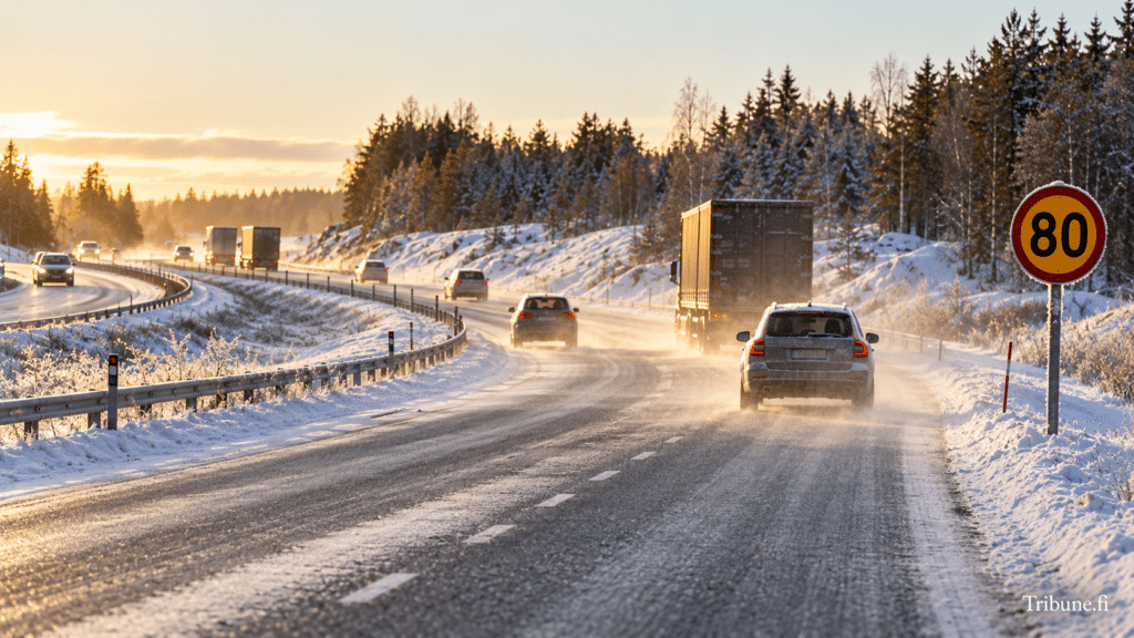 Talvinen suomalainen maantie, jolla autot ja rekka ajavat lumisessa maisemassa. Tien varrella näkyy 80 km/h -nopeusrajoitusmerkki.