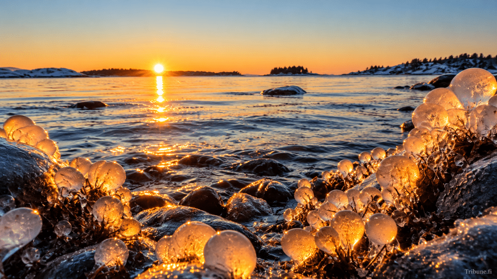 Talvipäivänseisauksen aikaan aurinko paistaa matalalla horisontissa Suomen talvisella merenrannalla. Etualalla näkyvät auringonvalossa hohtavat jäämuodostelmat ja lumiset rantakivet.