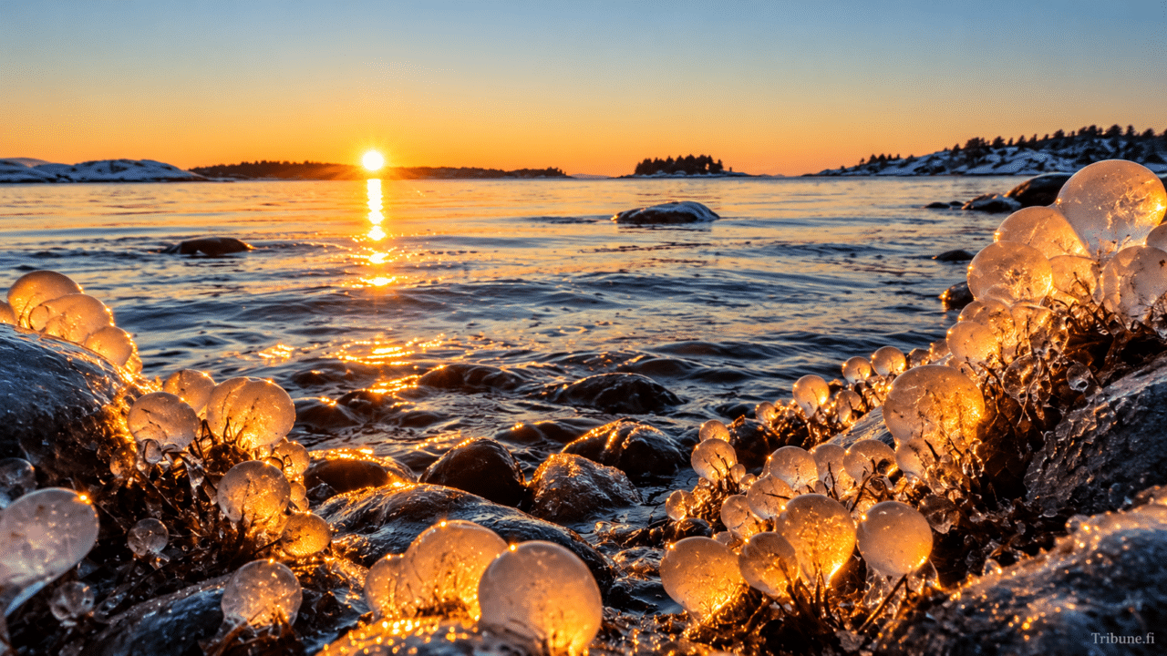 Talvipäivänseisauksen aikaan aurinko paistaa matalalla horisontissa Suomen talvisella merenrannalla. Etualalla näkyvät auringonvalossa hohtavat jäämuodostelmat ja lumiset rantakivet.
