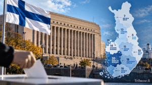 Suomen lippu, äänestyslasi ja vaalipiirejä sekä paikkamääriä havainnollistava vaaligrafiikka eduskuntavaalien teemalla.