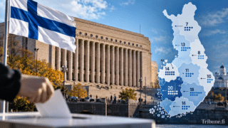 Suomen lippu, äänestyslasi ja vaalipiirejä sekä paikkamääriä havainnollistava vaaligrafiikka eduskuntavaalien teemalla.