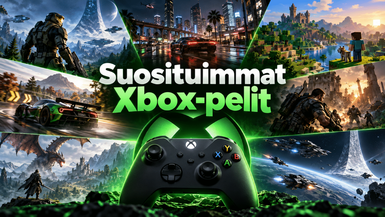 Suosituimmat Xbox-pelit kautta aikojen – seitsemän legendaarista peliä, Xbox-ohjain ja tunnetuista pelimaailmoista inspiroitu kuvitus.